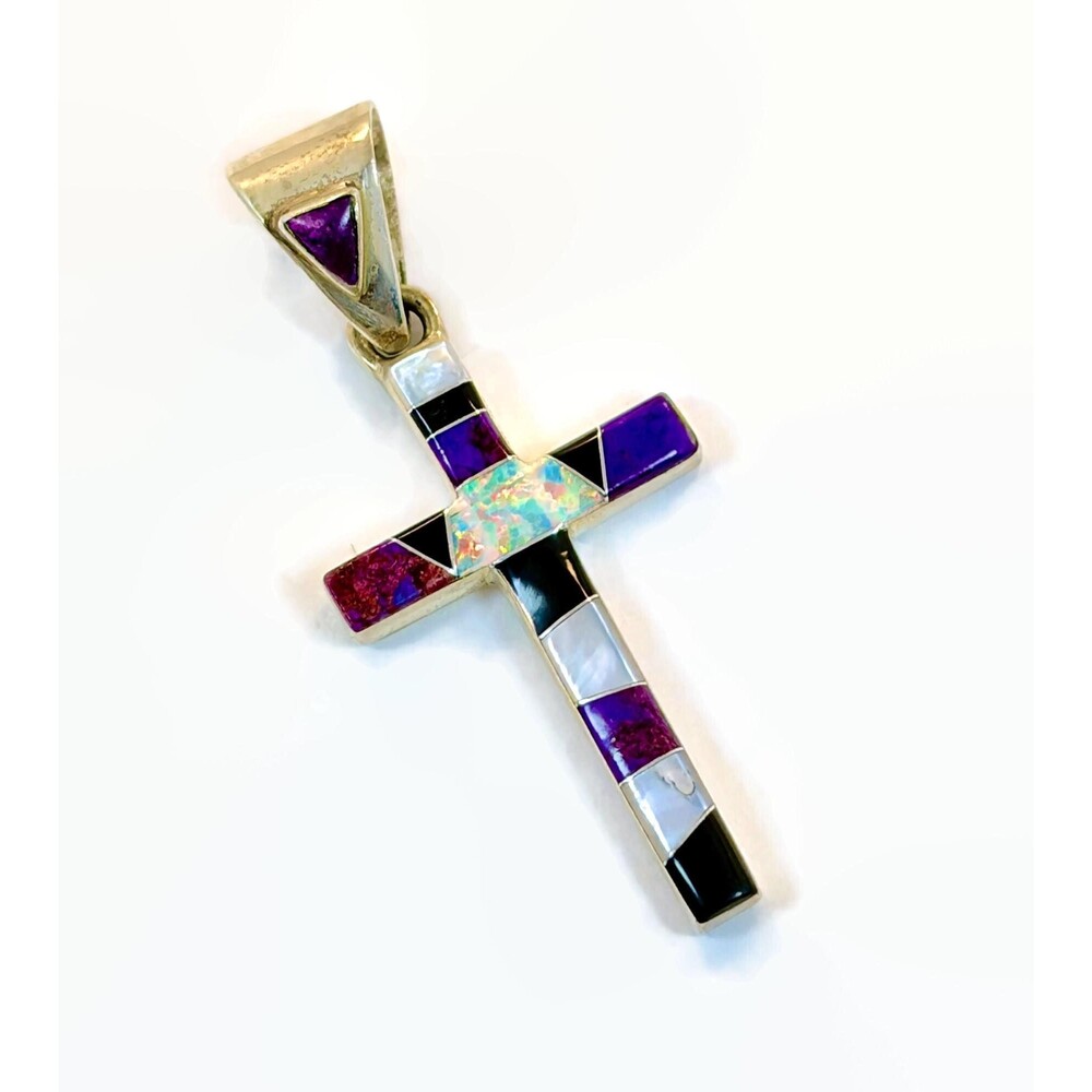 Vintage Cross Sterling Silver, Native American, Opal, Onyx, Signed, SM, Sugilite